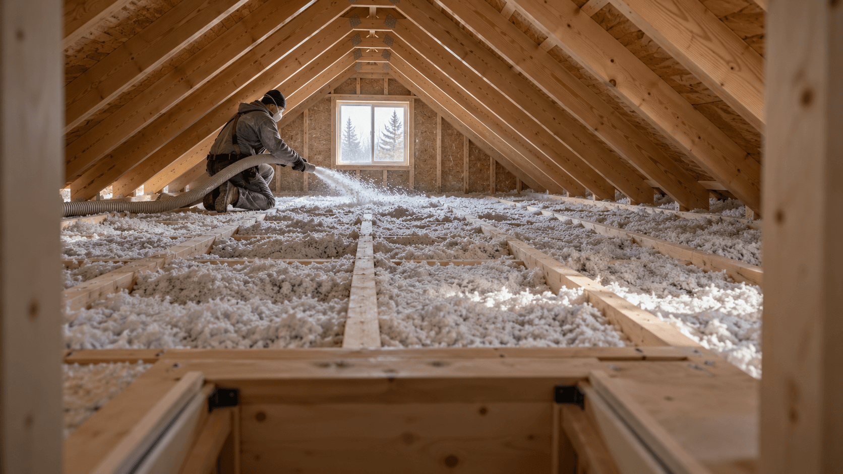 An installer placing blown-in insulation across an attic floor